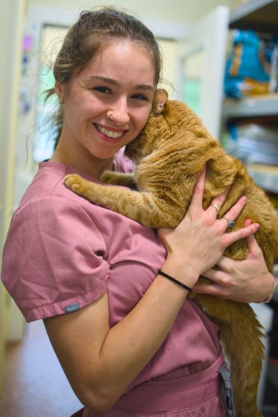 Abby snuggles up with Vance in the workroom